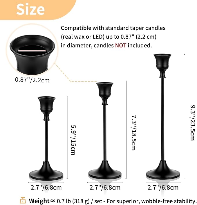NUPTIO Black Candle Holder for Halloween: Aluminum Taper Candleholders | Set of 3 Solid Candlestick Holders - Decorative Tapered Candle Stick Stand for Christmas Housewarming Table Centerpiece