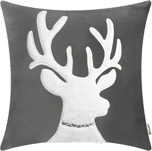 BRAWARM Christmas Pillow Cover 18 X 18 Inches, Gray Reindeer Embroidered Pillow Cover, Soft Velvet Decorative Throw Pillow for Couch Bed Sofa Living Room Home