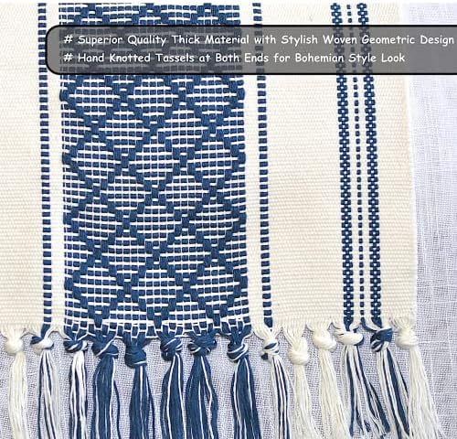 Boho Dining Table Runner 14 x 90 Inches Blue & Cream Woven Washable Console Table Runner with Tassels Dresser Scarf Farmhouse Long Bohemian Table Top Decorations with Fringe