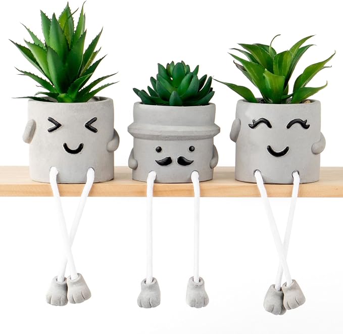 3 Pack Cute Fake Succulent Plants with Hanging Legs, Funny Desk Decor for Women, Small Artificial Plants in Funny Cement Pots, Cute Shelf Sitters for Office Desk Home Decorations