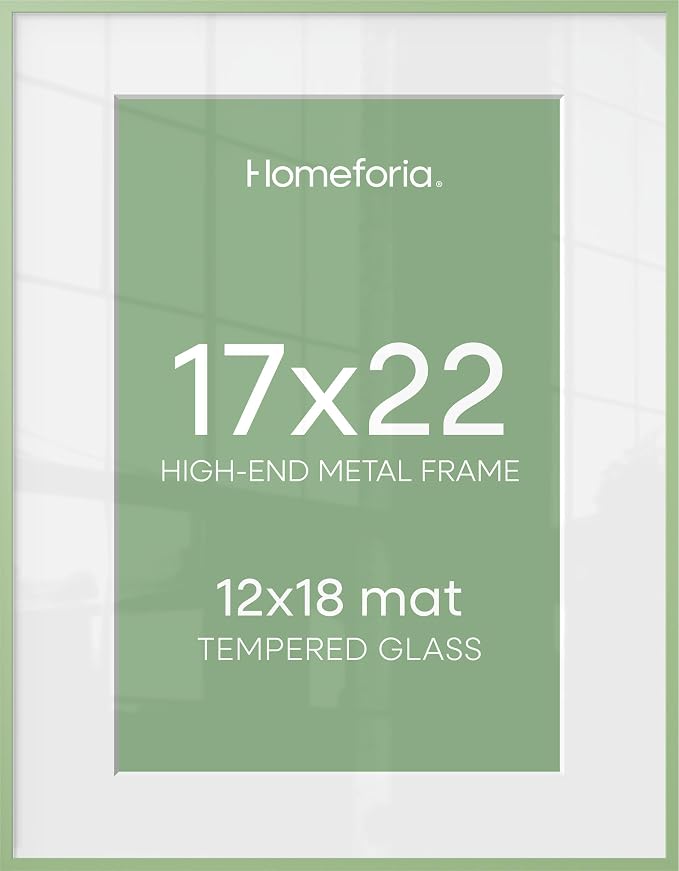 Homeforia 17x22 Green Picture Frame, High-End Metal, 12x18 Mat, Glass