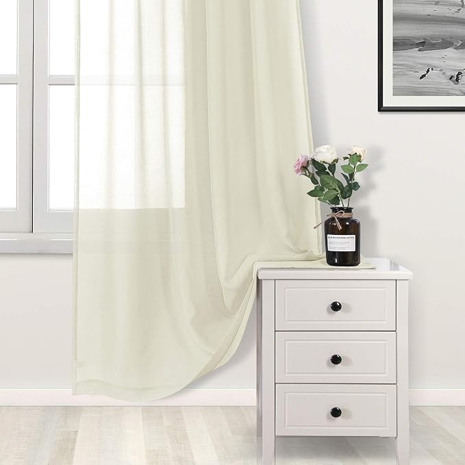 DWCN Ivory Sheer Curtains, Grommet Top Window Curtains for Bedroom & Living Room, Faux Linen Look Voile Semi-Transparent Solid Curtains Drapes Set of 2 Panels 52 x 102 Inch Long, Ivory