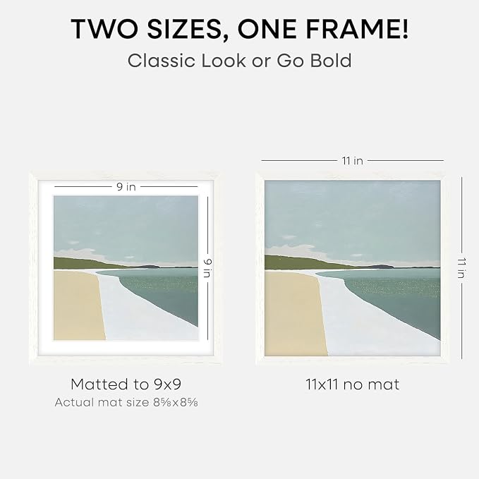 Homeforia 11x11 White Oak Picture Frame, High-End Wood, 9x9 Mat, Glass