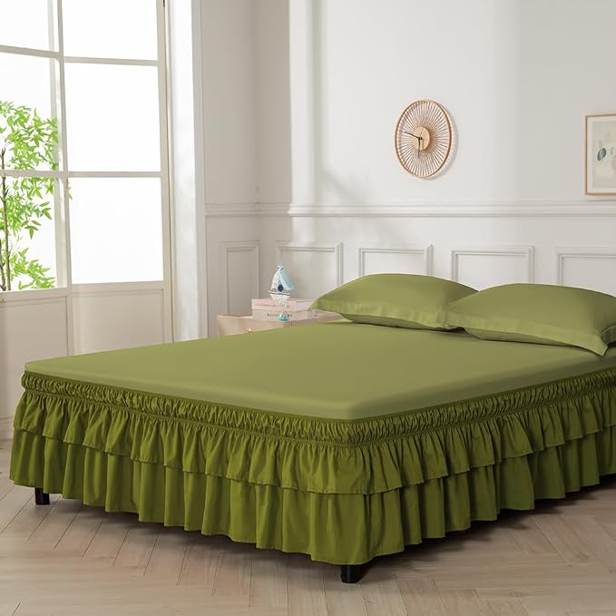 Double-Layered Ruffled Bed Skirt,Deep Sage Green,Full/Queen, 14" Drop | Wrap Around, Adjustable Elastic, 2 Layer, Machine Washable Soft Fabric, Multi Ruffle Bedskirt