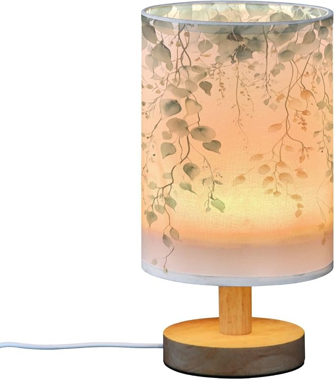 Bedside Lamp Green Sage Leaves Table Lamp for Bedroom LED Nightstand Lamp Shade USB Ports Wood Base for Living Room Dorm Office