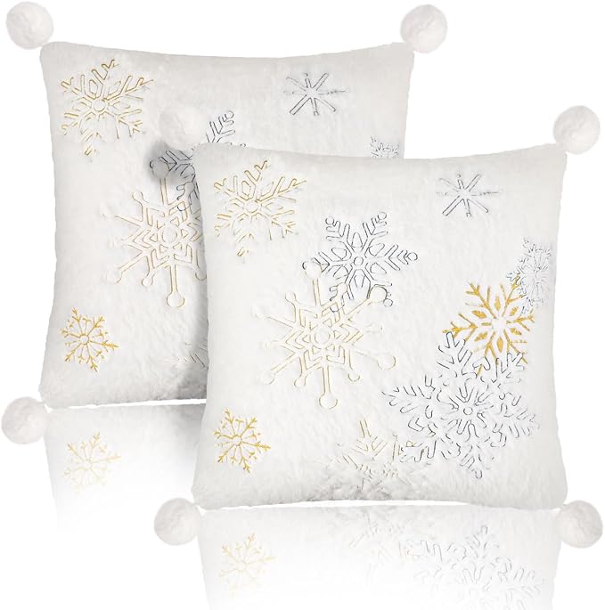 Lewondr Christmas Pillow Cover, Snowflake Embroidered, 18x18 Inch, Set of 2 | Double-Sided Faux Fur, Cozy Soft Decorative, Plush Ball, Luxury Embroidered, For Bed Home Decor Living Room