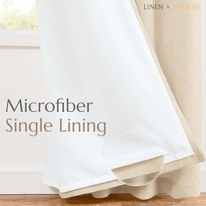 jinchan Lined Linen Curtains Privacy Back Tab 38x63 Inch 2 Panels Set Beige | Light Filtering Curtains with White Privacy Liner, Cottage Core Farmhouse Curtains for Living Room, Rod Pocket 63 Inch Length