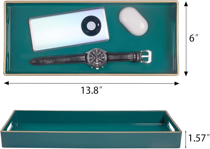 MAONAME Green Vanity Tray Set of 2, Rectange Toilet Tank Trays with Handles