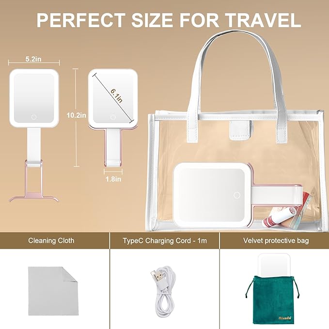 Mocado Travel Makeup Mirror with Light, 1x/10x Magnifying Mirror With Light, 3 Colors Lighted Magnifying Mirror, 2000mAh Rechargeable Lighted Makeup Mirror, Dimmable Touch, Memory Function (Rose Gold) | Double Sided Travel Mirror with 3 Color Light,Dim...