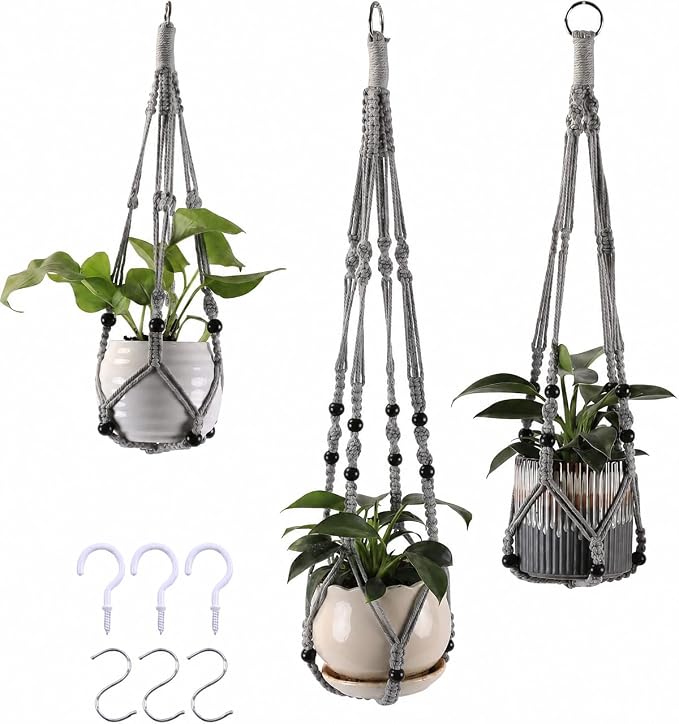 Macrame Plant Hangers with Beads for Indoor and Outdoor, 3 Pack