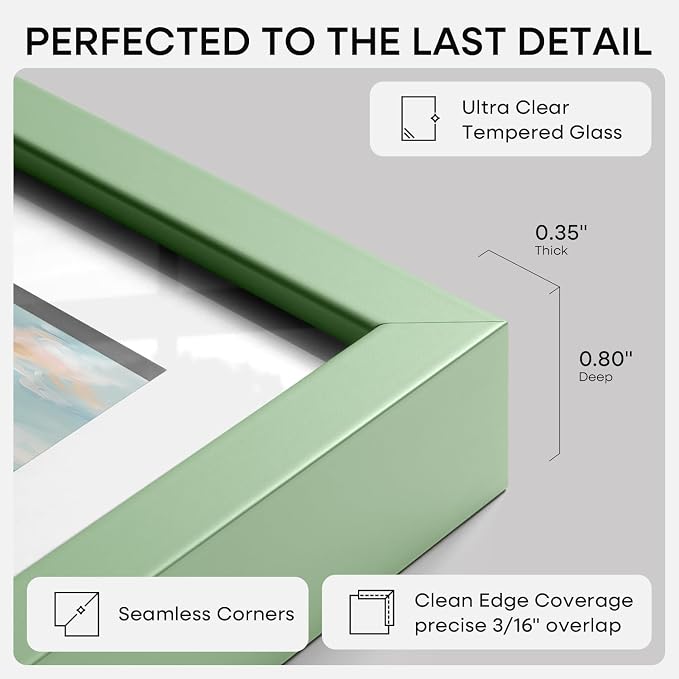 Homeforia 9x11 Green Picture Frame, High-End Metal, 6x8 Mat, Glass