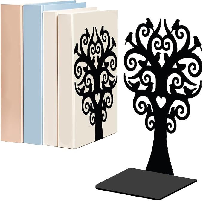 WADORN 1 Pair Branches Bird Metal Decorative Bookend for Shelves, Heavy Duty Book Ends Modern Non-Skid Books Holder Stand Black Book Support Stoppers for Desk Bookshelf Office Home, 5.3x4.3x7.9 Inch