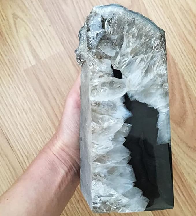 Agate Geode Stone Bookends Heavy Duty Crystal Book Holders Decorative | Large Polished Stone Book Stoppers Supports Home Office Decor with Rubber Bumpers Natural Black 1 Pair, 8-10 LBS
