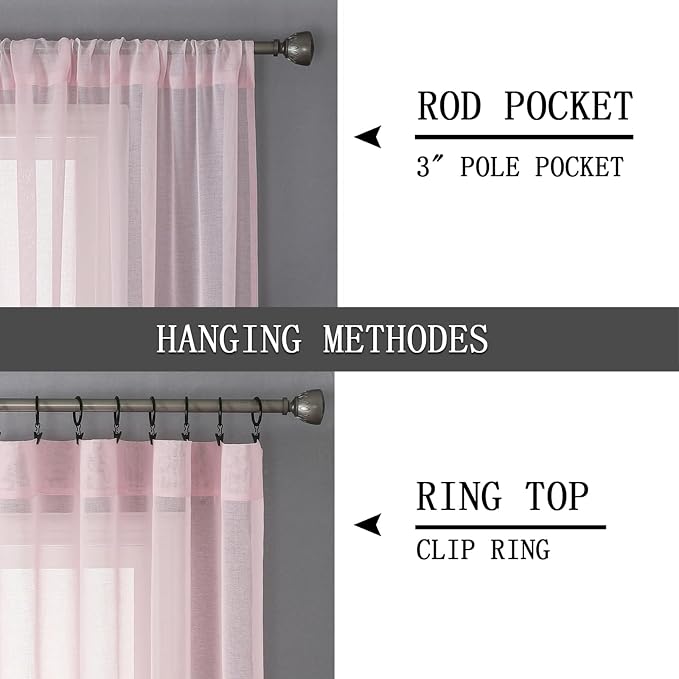 Tollpiz Sheer Tier Curtains Kitchen Linen Textured Half Curtain Sheers Light Filtering Rod Pocket Voile Bathroom Short Curtains for Farmhouse, 25 x 30 inches Long, Pink, Set of 2 Panels