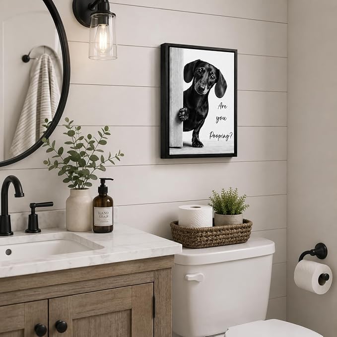 Framed Funny Bathroom Wall Art, Dachshund Are You Pooping Canvas Print, Minimalist Black and White Humor Bathroom Animal Decor for Restroom Toilet 8x10in