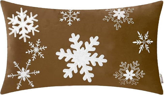 BRAWARM Christmas Pillow Cover 12 X 20 Inches, Brown Snowflake Embroidered Lumbar Pillow Cover, Soft Velvet Decorative Throw Pillow for Couch Bed Sofa Living Room Home