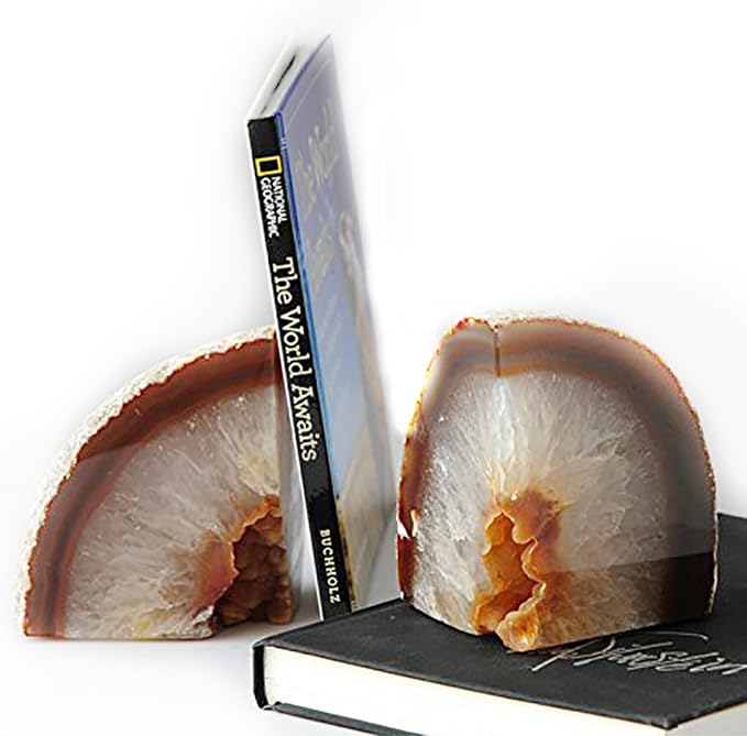 JIC Gem Natural Agate Geode Bookends Anti-Slip Rubber Bumpers 1 Pair 4-6Lbs | Heavy Duty Crystal Book Stoppers Cute Crystal Book ends Decorative Stone Book Supports for Shelf Desktop Home Office Decor