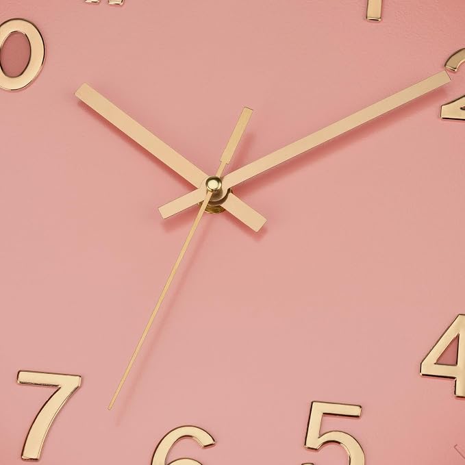 Lumuasky Wall Clock Pink Modern 12 Inch Battery Operated Silent Non-Ticking Decorative Clock for Living Room Bedroom Office Kitchen School Classroom Nursery Decor, 3D Numbers Easy to Read