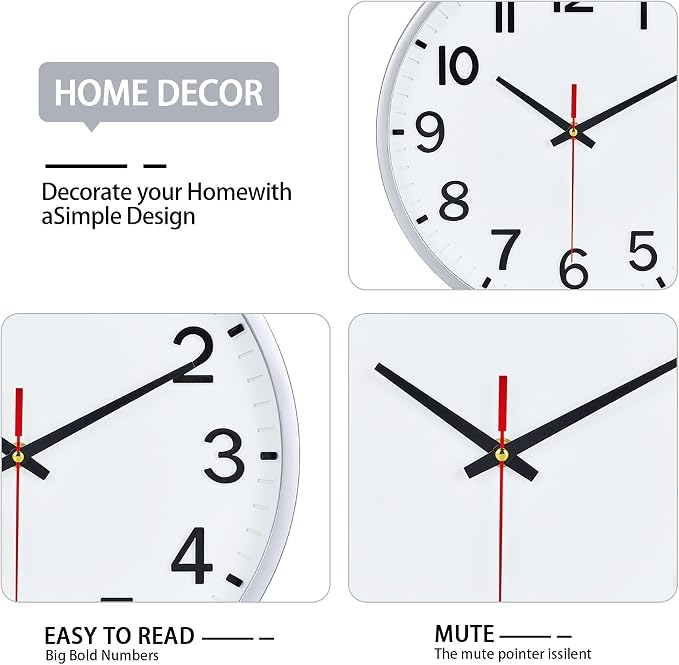Wall Clocks Battery Operated 10 inch Modern Wall Clock,Silent Non Ticking Wall Clock for Living Room Bedroom Kitchen Office Classroom Decor (Silver and White)