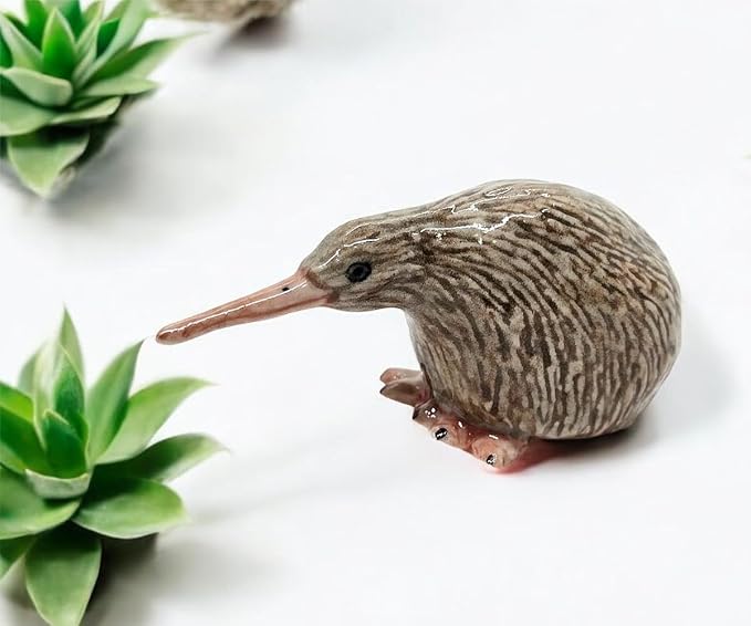 WitnyStore Tiny 2" Brown Sitting Kiwi Flightless Bird Figurine - Miniature Hand Made Painted Ceramic Birds Aves Colorful Porcelain Feathered Animals Cute Decorative Collectible Figures Décor Gifts