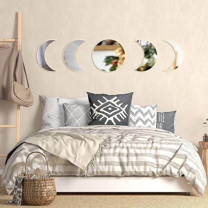 10.4" Raw Acrylic Moon Phase Wall Mirror Set - 5-Piece Boho Celestial Decor for Living Room Bedroom Entryway, Easy Stick-On Installation, Shatterproof Safety Design
