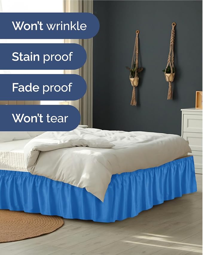 Wrap Around Dust Ruffle Bed Skirt - Royal Blue - for Queen Size Beds w/ 14 Inch Drop - Easy Fit Elastic Strap - Adjustable Pleated Bedskirt w/Brushed Fabric - Wrinkle Free - Women, Men, Kids & Teens