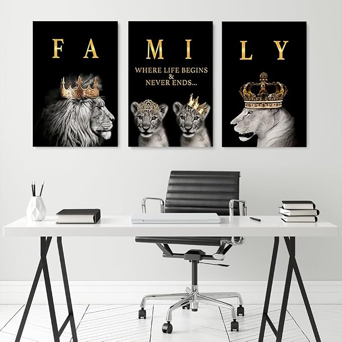 GUBIYU Family Where Life Begins Love Never Ends Word Sign Wall Decor,Black Gold Lion Art Home Decor Family Wall Art Decorations,Letters Quotes Posters for Living Room Bedroom Kitchen Decor 24"x36"