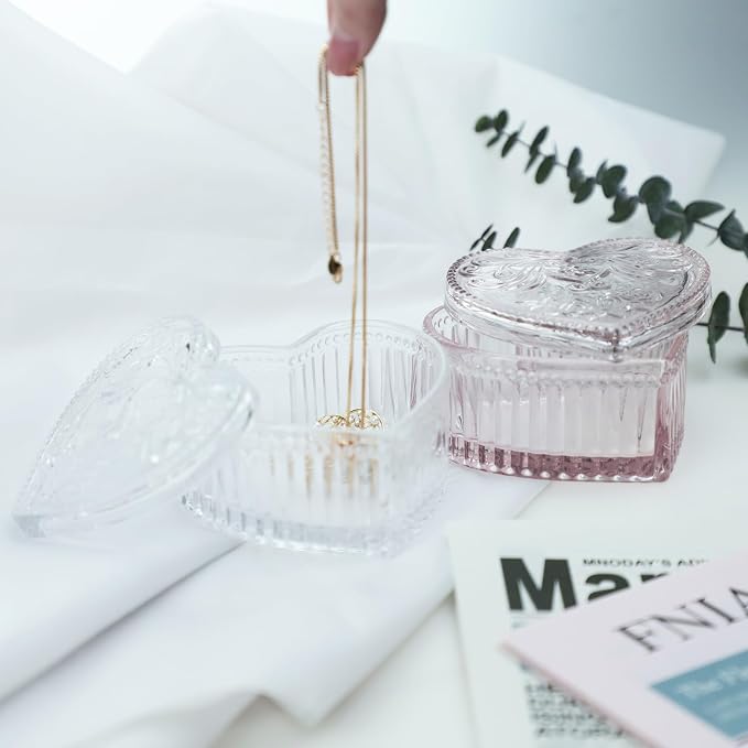 Gaolinci Crystal Glass Heart-Shaped Storage Box Embossed Jewelry Box Candy Box with Lid