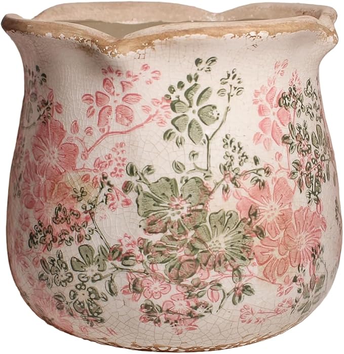 Ceramic Pots for Plants, Pink Colorful Vintage Plant Pot with Drainage Hole | 6.11 Inch Crackle Glaze Planter for Indoor/Outdoor Plants, English Cottage Shabby Chic Home Decor, Pastel Meadow
