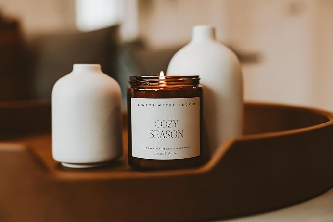 Sweet Water Decor Cozy Season Fall & Winter Candle, 9oz Amber Jar Black Lid