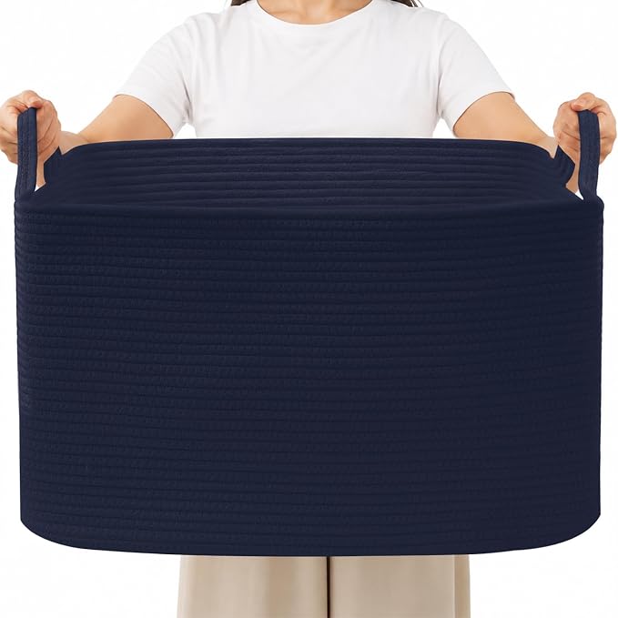 65L Large Laundry Basket with Handles,Woven Blanket Basket,Navy | 21"×16"×12" Collapsible Cotton Rope Storage Basket for Toys Clothes & Pillows, Nursery, Bathroom, Bedroom, Living Room