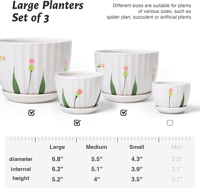 STHIE 4/5/6 Inches White Ceramic Plant Pots with Drainage Holes and Saucer | Set of 3 Round Planter for Small Indoor/Outdoor Plants with Modern Stripes Design, White Floral , Decorative Flower Pots