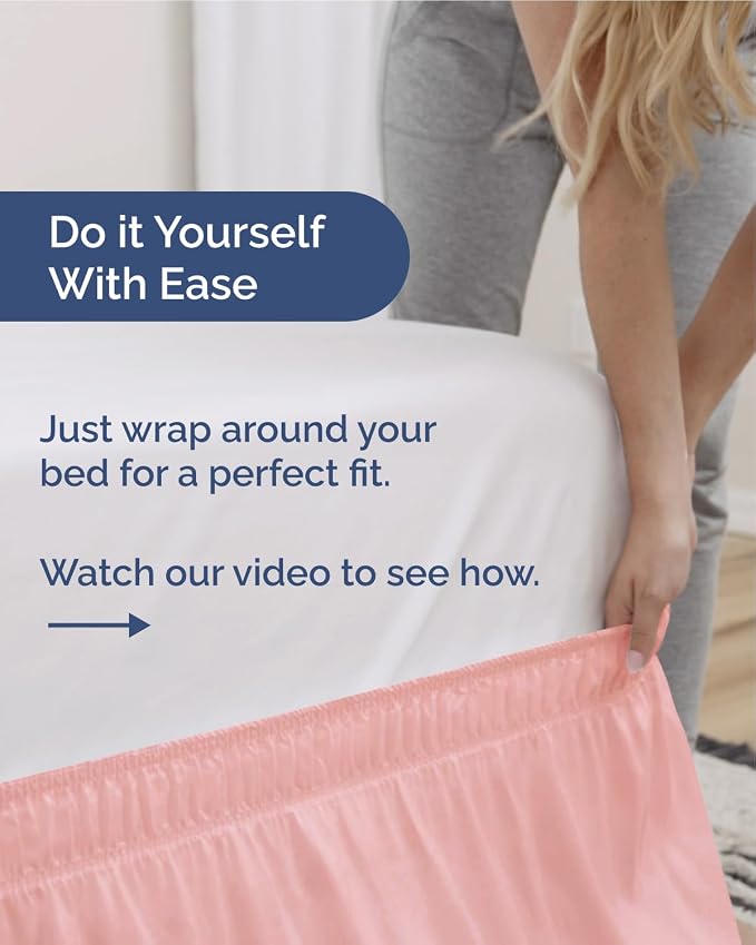 Wrap Around Dust Ruffle Bed Skirt, Full Size Beds - 12 Inch Drop, Baby Pink | Easy Fit Elastic Strap, Adjustable Pleated Bedskirt w/Brushed Fabric, Wrinkle & Fade Free, for Women, Men, Kids & Teens