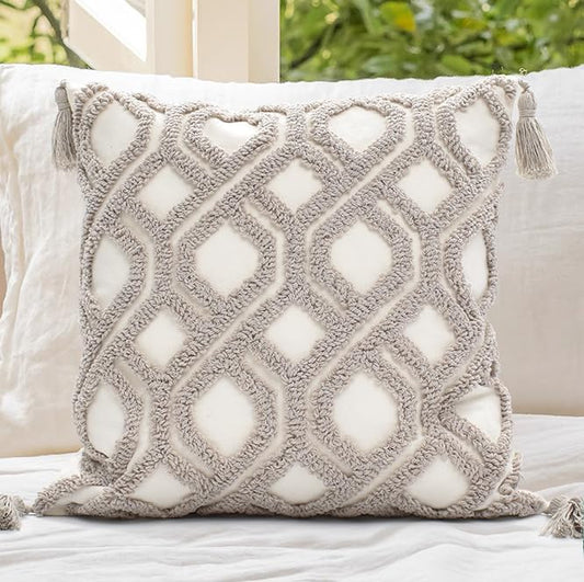 Boho Throw Pillow Covers 18x18 Tufted with Tassels,Grey