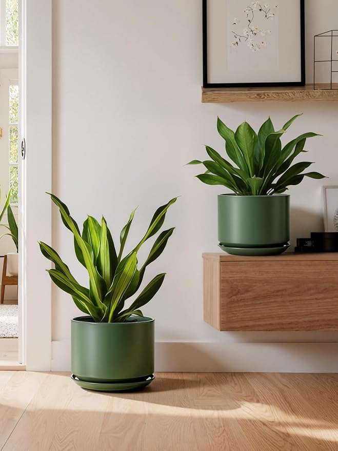 LE TAUCI Ceramic Pots for Plants, 10 Inch Plant Pot with Drainage Hole & Saucer, Sturdy & Modern Planters for Indoor Plants, Includes Mesh Screen, Fits Snake Plant & Monstera, Forest Green