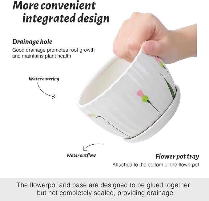 STHIE 4/5/6 Inches White Ceramic Plant Pots with Drainage Holes and Saucer | Set of 3 Round Planter for Small Indoor/Outdoor Plants with Modern Stripes Design, White Floral , Decorative Flower Pots