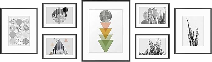 Golden State Art 7 Pack Black Aluminum Frame with White Mat, Real Glass | Includes One 11x14, Two 8x10, Four 5x7 Frames with Sawtooth Hangers for Wall Mounting. Great for gallery wall