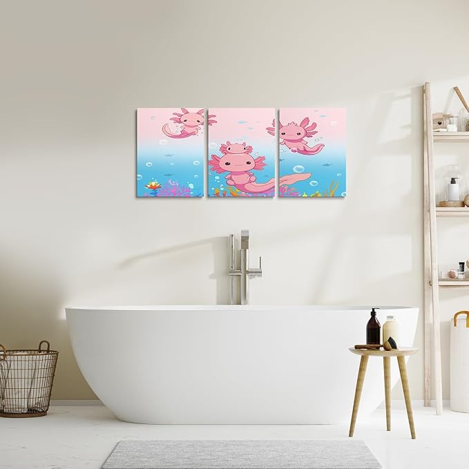 Feelyou Boys Girls Cute Axolotl Picture Wall Decor Ocean Sealife Canvas Wall Art for Living Room Bedroom Kids Cartoon Salamander Wall Painting Posters and Prints Kawaii Teens Wall Art 12"x16"x 3Pcs