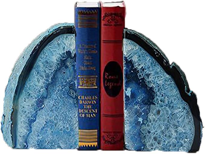 JIC Gem Blue Agate Geode Bookends Heavy Duty Hippo bookends 1 Pair 3-4Lbs | Decorative Gemstone Stoppers with Non-Skid Rubber Bumpers for Shelves Home&Office Tabletop Decor Unique Crystal Supports Gift