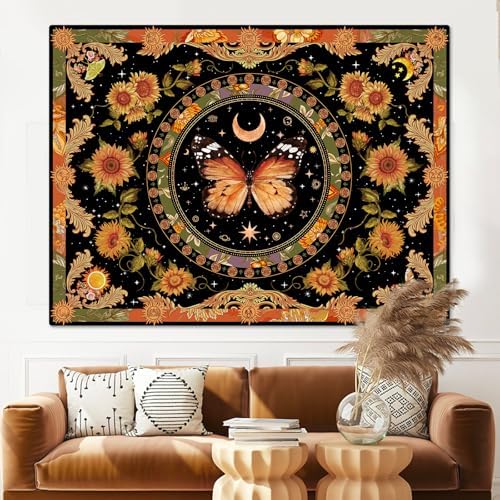 Accnicc Butterfly Floral Tapestry Vintage Indie Boho Flower Tapestries for Bedroom Aesthetic Retro Yellow Sunflower Moth Tapestry Wall Hanging for Dorm Living Room (80'' × 60'')