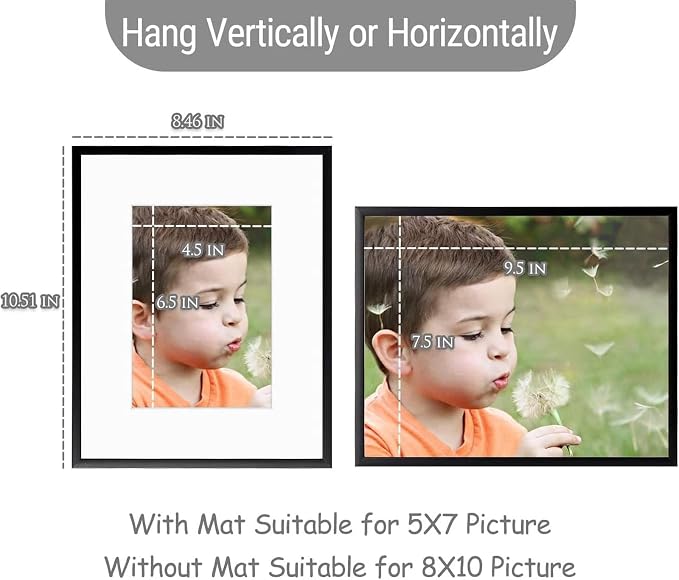 Frametory 2 Pack 8x10 Aluminum Frame with Mat for 5x7 Photo, Black