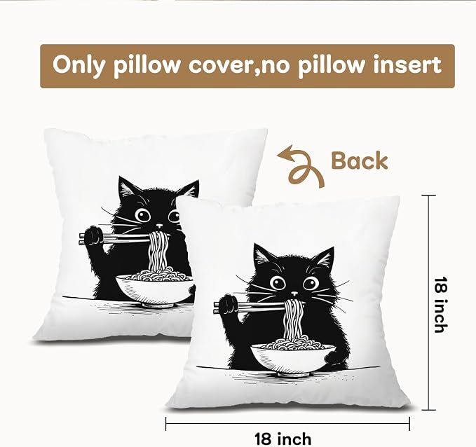 Funny Black Cat Pillow Covers 18x18, Cat Room Decor, Cute Black Kitten Eating Japanese Noodles Decorative Throw Pillow Covers Pillowcases for Bedroom Living Room Home Decor