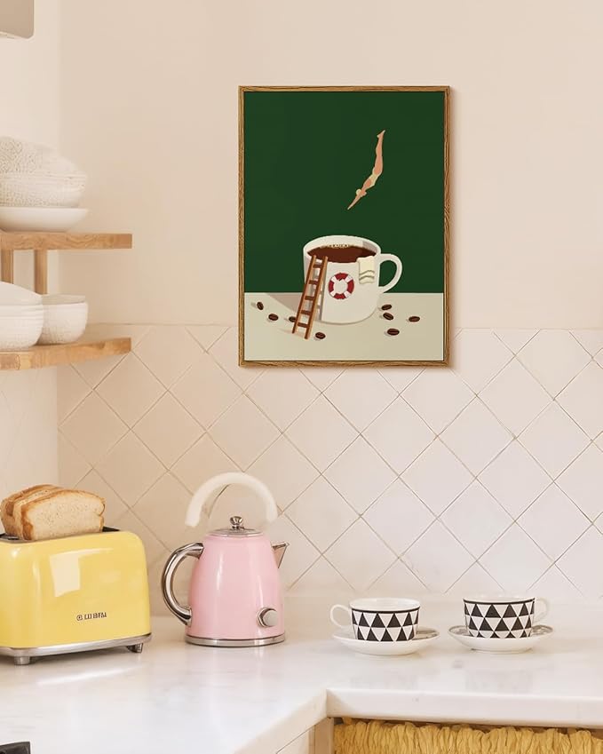 Humorous Swimming Diver Jumping into Coffee Cup Illustration Framed Wall Art, Whimsical Kitchen Decor 12x16 Inch Canvas Print, Funny Cafe Dining Room Office Bathroom Modern Artwork