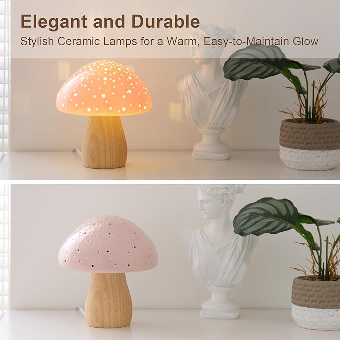BOHON Mushroom Lamp Ceramic Bedside Table Lamp, Pink