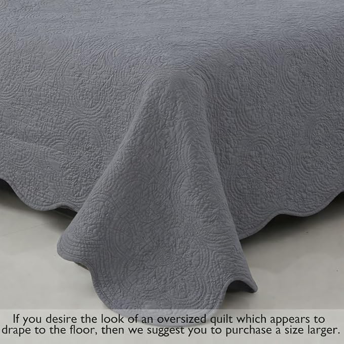 Cozy Line Home Fashions 100% Cotton Quilt Set, Grey, King, 3-Piece | Solid Textured Quilted Bedspread with Shams, Lightweight, All Season, Modern Bedding