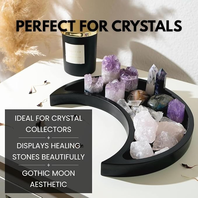 Black Moon Crystal Display Tray - Gothic Wooden Altar Tray 10.5" x 5" for Crystals and Stones Storage - Solid Wood Jewelry Organizer Dish - Spiritual Decor