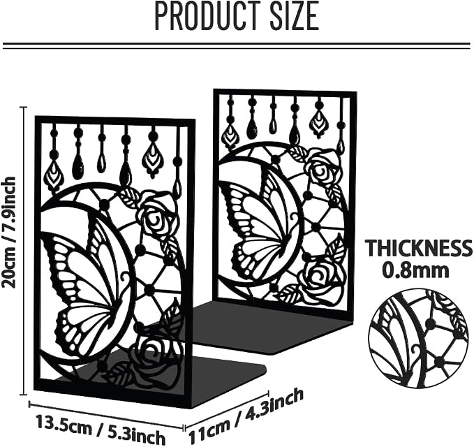 WADORN 1 Pair Moon Butterfly Rose Metal Decorative Bookend for Shelves, Heavy Duty Book Ends Modern Non-Skid Books Holder Stand Black Book Support Stoppers for Desk Bookshelf Office, 5.3x4.3x7.9 Inch