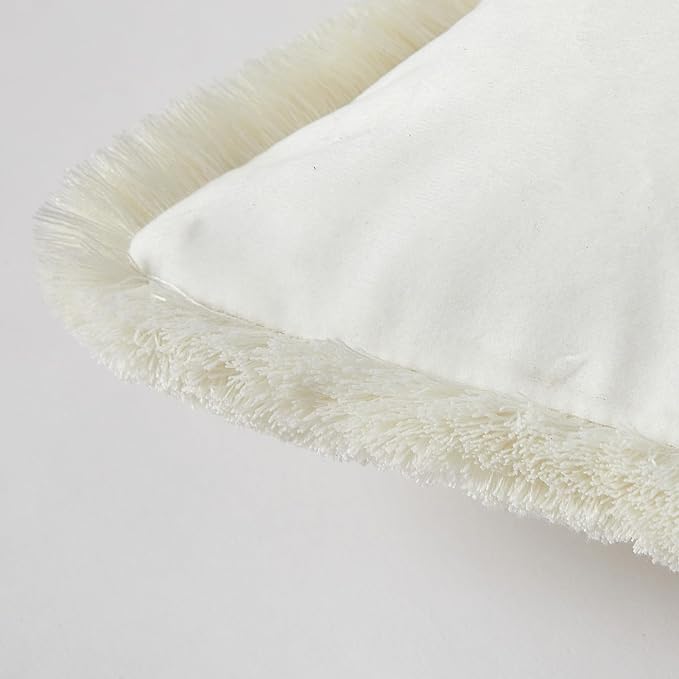 JUSPURBET Cream Decorative Velvet Fringe Throw Pillow Covers 26x26 Set of 2 Boho Soft Cushion Case for Home Decor Living Room Couch Sofa Bed