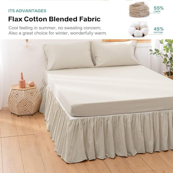BISELINA French Linen Bed Skirt with Pleated Frills 14-Inch Tailored Drop Natural Flax Cotton Blend Dust Ruffle Soft Cozy Farmhouse Bedding (14" California King, Ruffle Linen)