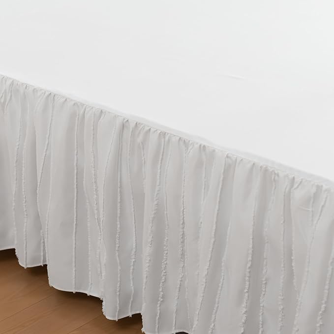 Bed Skirt King Size, Ruffled Bed Skirts 16 Inch Drop, White | Striped Boho Tufted, with Split Corners, Easy Fit King Size Beds, Wrinkle & Fade Free, for Women, Men